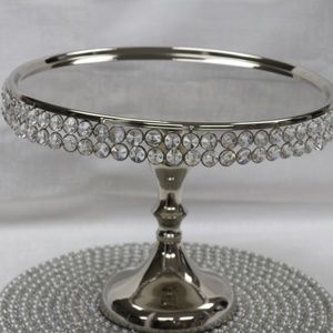 BRILLANTE STAINLESS STEEL POLISHED CAKE SERVER STAND WITH PEDESTAL & CRYSTALS